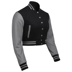 Chaqueta con letras, moda personalizada, alta calidad, Mangas de cuero genuino, bordado de chenilla, chaqueta recortada de lana con letras para mujer - Product Image 3