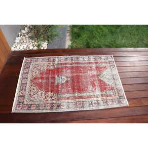 Vintage Small Rug, 2.5x3.9 ft Turkish Rug, <b>Red</b> Striped <b>Wool</b> Rug - Product Image 3