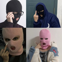 Vente en gros de couleur unie 100% acrylique rappeurs broderie logo masque de ski complet bonnet 3 trous tricoté noir rose skimask cagoule