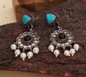 <b>Turquoise</b> Pearl Dangle <b>Earrings</b> Handmade Oxidized Silver Gift for her - Product Image 2