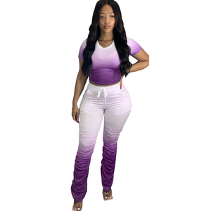 S ~ 4XL Plus Mujeres Sport Gradient conjunto de dos piezas Chándal con cuello en V Camiseta Stacked Flare Jogger Suit Pantalones de chándal - Product Image 5