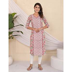 Cotton <b>Block</b> <b>Printed</b> White Jaal Kurti Traditional Indian Ethnic Long Stitched Rayon Clothing for Daily Wear Parties Floral - Product Image 1