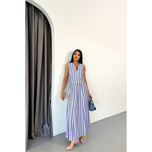 Ensemble de robe décontractée avec veste rayée en lin bleu et jupe longue - Product Image 2