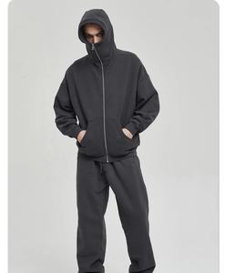 Sweat à capuche zippé surdimensionné avec logo personnalisé, ensemble de jogging, vêtements de ville d'hiver, survêtement en coton molletonné, capuche couvrant le visage de couleur unie - Product Image 4