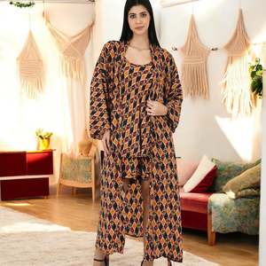 Women's Silk Sari Kimono Cami <b>Set</b> Brown Black Geometric Robe One Size Swimsuit Cover Ups - Product Image 2