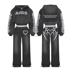 ชุดเซ็ตแทรคสูทแบบสเวตแพนท์ ลวดลายย้อมสีแบบแอซิดวอช พร้อมเสื้อฮู้ดซิปประดับคริสตัล และกางเกงสเวตแพนท์ทรงขาบาน - Product Image 1