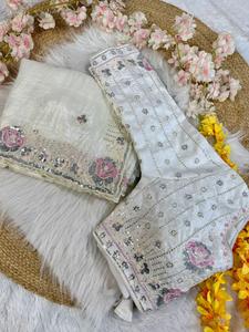 Design Bollywood lourd attrayant à la mode or doux écrasé avec des paillettes travail Saree au prix de gros - Product Image 5