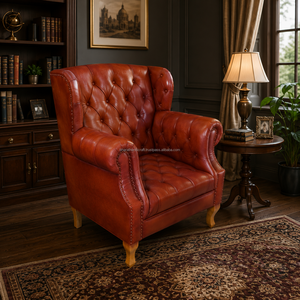 Modern Genuine Leather High Back <b>Armchair</b> with Ergonomic Design and Wooden Legs Comfortable Accent Chair for Living Room Hotel - Product Image 1