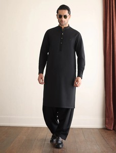 Traje Shalwar Kameez Negro de Verano 2026, Diseño Moderno, Hecho en Fábrica, para Hombre, Informal, de Algodón, Mangas Largas, para Oraciones del Eid y Ramadán - Product Image 3
