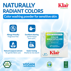 Détergent en poudre pour machine à laver KLAR Eco Sensitive Vegan certifié écologique hautement biodégradable 1,375 kg sans parfum 80% pour - Product Image 2