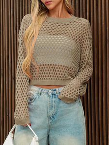 Tops cortos de ganchillo para mujer para verano, manga larga, malla de punto, cubierta de playa, cuello redondo calado, camiseta sin mangas - Product Image 5