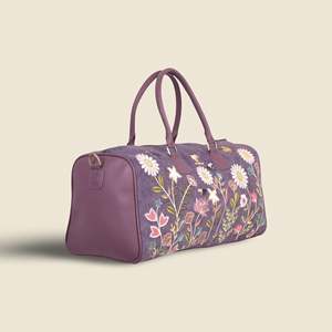 Embroidered Vegan Leather Travel <b>Duffel</b> <b>Bag</b> with Zipper Closure-Eco-Friendly 53x26x20cm Purple - Product Image 5