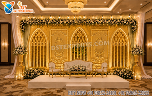 Splendid Gold and Black Fiber <b>Backdrop</b> <b>Stand</b> Grand Wedding Reception Theme Stage South Asian Crown for Party Decor - Product Image 5
