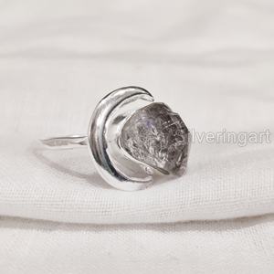 Bague pour femme en pierre brute, diamant Herkimer naturel, forme croissant de lune, en argent sterling 925, idéale pour Noël - Product Image 1