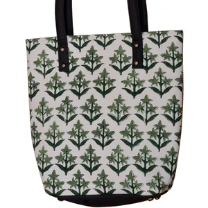 Green Three Leaf Tote Bag For Weekend hand block Floral printed Patchwork Fabric At Wholesale Price