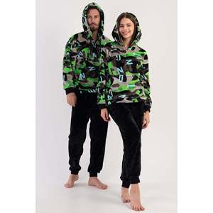 Conjunto de pijama de manga larga con capucha suave, hombros descubiertos, media cremallera, bolsillos canguro y puños - NEGRO - NEGRO - Product Image 3