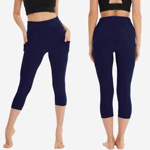 High Waisted Black Capri <b>Leggings</b> for Women Solid Elastic Waist Closure <b>with</b> <b>Pockets</b> Knee Length Yoga Workout Pants Buttery Soft - Product Image 3