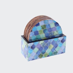 Posavasos de madera redondos de diseño elegante, alfombrilla y almohadillas para mesa de comedor, posavasos para servir bebidas con medio color azul - Product Image 2