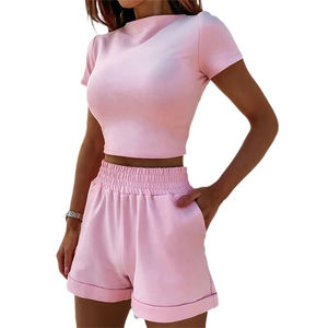 Premium été femmes T-Shirts courts décontracté deux pièces vêtements survêtement poches hauts amples Shorts ensemble femme col rond ensembles décontractés - Product Image 1