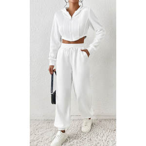 Survêtement en molleton 100% coton brodé, couleur unie, 2 pièces, sur mesure pour femmes, best-seller, design décontracté de haute qualité pour - Product Image 1