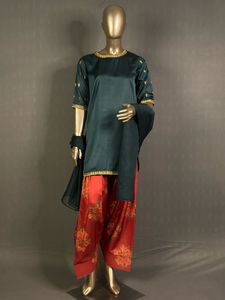 Kurta Tradicional Pakistaní para Mujer, Corte Personalizado, Mangas Cortas, Sharara, Palazzo, Farshi, Shalwar, Rayón, Satén, Organza, Zari - Product Image 4