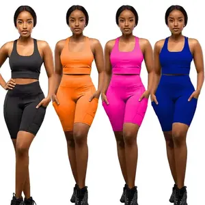 Wholesale Bamboo Women Yoga Wear High elastic fabrics Running Workout Gym Fitness sports mesh design short sets with bra