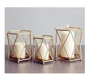 Haute qualité doré fini métal fil cadre bougie lanterne forme géométrique lanterne décorative pour la maison jardin en verre - Product Image 1