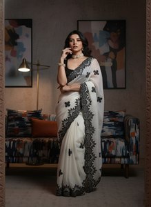 ผ้าส่าหรีไหมเนื้อนุ่มสำหรับผู้หญิง ดีไซน์สวยงาม พร้อมงานปัก สำหรับงานแต่งงานและงานเลี้ยงในอินเดีย - Product Image 4