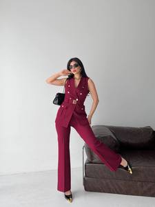 Summer Made Turkey 2-Piece Eco-Friendly Vintage <b>Pants</b> Set Elegant Sleeveless Blazer Vest Wholesale Custom Wide Leg Trousers - Product Image 6