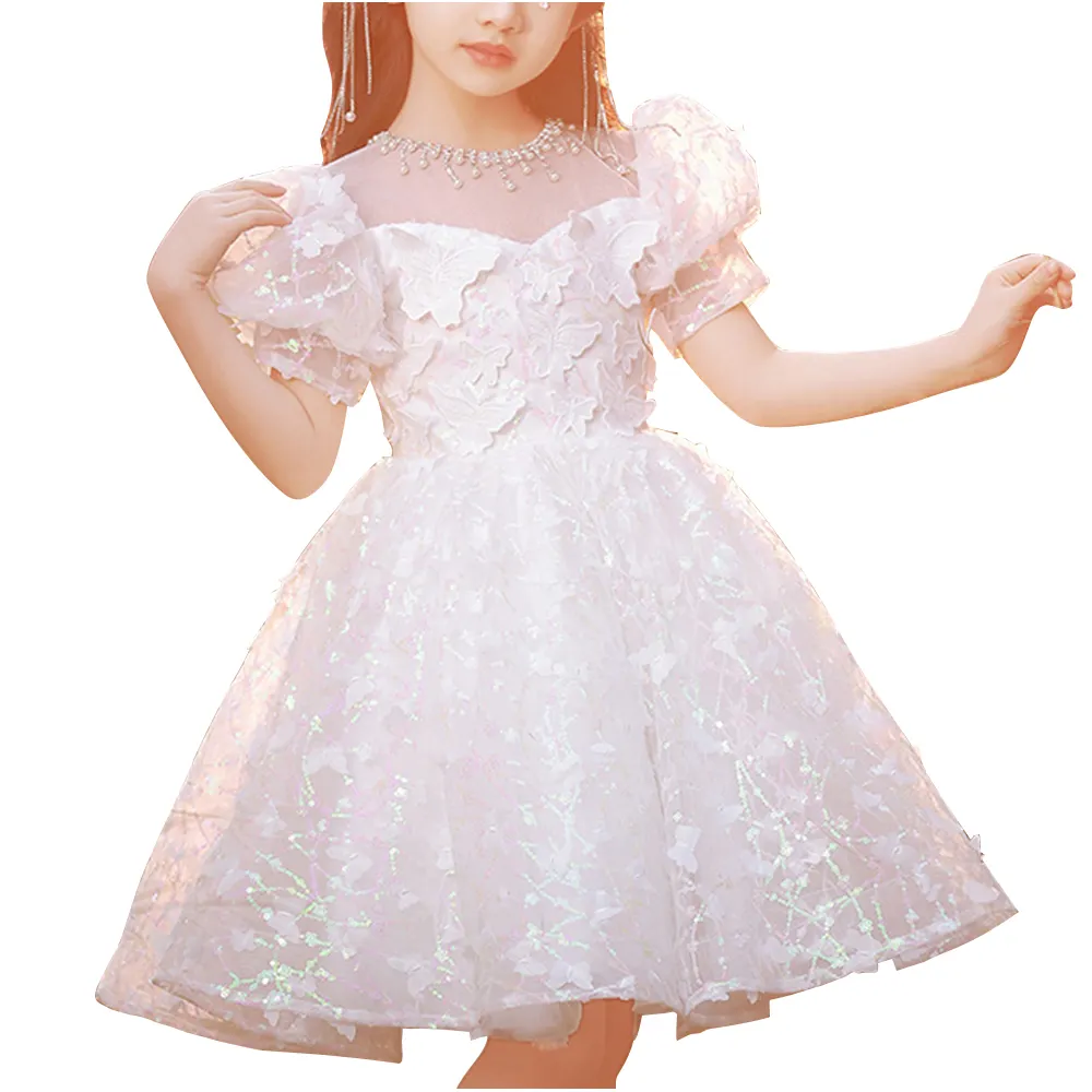 Summer Casual Kids Clothing 10-Year-Old Girl Dresses Bulk Wholesale Short Sleeve Solid Pattern Worsted Fabric Sequined