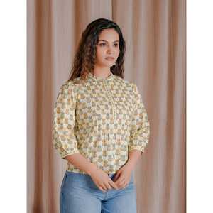 <b>Women's</b> for <b>Cream</b> Butti Cotton Pintux Style Short Top Breathable 100% Cotton Woven Fabric Fitted Crop <b>T</b>-<b>Shirt</b> for Ladies XS XXS - Product Image 5