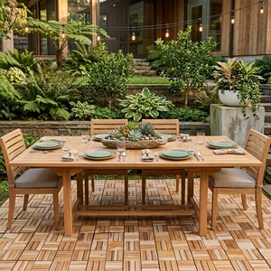 <b>Outdoor</b> Solid Teak Wood <b>Extendable</b> Rectangular <b>Dining</b> <b>Table</b> Slatted Top Pedestal Leg Patio Setup Art Design Decor <b>Table</b> - Product Image 3