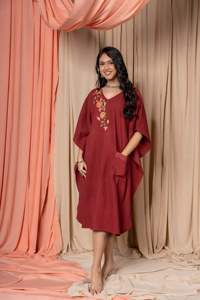 New <b>Women's</b> Casual Floral Embroidery Kaftan Dress Knee-Length Plus Size Washable Woven <b>Cloth</b> Natural Waistline Order Model - Product Image 2
