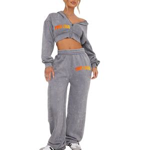 Nouveau design survêtement pour femmes délavé à l'acide 100% coton respirant Hip Hop Streetwear survêtement ensemble - Product Image 1