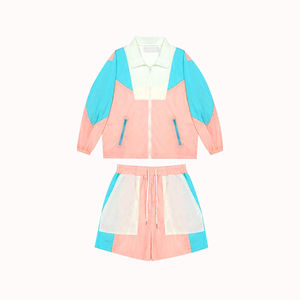 Chaqueta corta personalizada recortada conjunto cortavientos personalizado verano moda Color bloque lavado Casual pantalones cortos conjuntos mujeres - Product Image 4