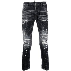 Men's <b>Black</b> Washed Paint Straight Slim Fit Jeans Zipper Fly with Ripped & Repair Rhinestones Patchwork on Inner Side - Product Image 2