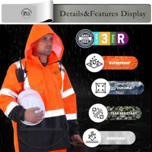 Veste de sécurité d'hiver pour hommes, classe 2 ANSI, imperméable et coupe-vent, LED clignotante réfléchissante, haute visibilité pour le travail, matière en coton - Product Image 2