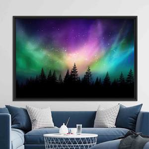 ภาพพิมพ์บนผ้าใบออโรร่า บอเรลลิส:ภาพเงาในป่า, ศิลปะติดผนังท้องฟ้าเต็มไปด้วยดวงดาว, ผ้าใบกรอบสีดำ - Product Image 1