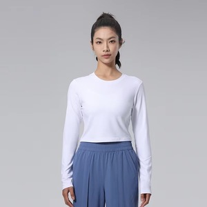 Venta al por mayor fabricante de verano personalizado blanco de manga larga Camiseta en blanco señora Fitness deportes Crop Top sudadera de entrenamiento para las mujeres - Product Image 2