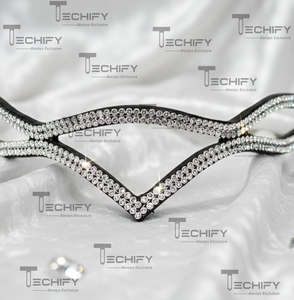 Bandeau de tête de cheval en cuir noir avec cristaux en forme de V de luxe, design à double vague - Product Image 2