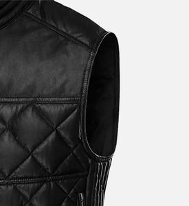 Black Genuine <b>Leather</b> <b>Biker</b> <b>Vest</b> Diamond Quilted Panels O-Neck Collar Covered Button Closure Breathable Vintage Men's Outerwear - Product Image 6