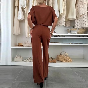 Chic verano elegante señora traje nuevo Casual cuello redondo deporte chándal con bolsillo pantalones Color sólido manga corta Tops activos Bottoms - Product Image 3