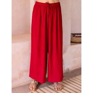 Pantalones Anchos Rojos Sólidos para Mujer, Cintura Media, Elásticos, Largos hasta el Tobillo, Corte Holgado Informal, Tela Crepé Transpirable, Estilo para Todas las Temporadas - Product Image 2