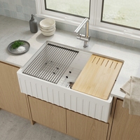 Évier de cuisine rectangulaire simple en porcelaine, 33 pouces, blanc, en argile réfractaire, cannelé, moderne, fait main, à façade d'abattage