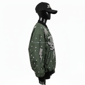 Chaqueta Bomber para mujer, tela de nailon Premium, verde oliva, adorno de diamantes de imitación, logotipo personalizado, diseño de cristal, chaquetas Bomber para mujer - Product Image 3