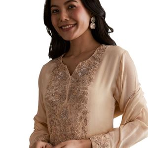 Neutre Georgette Soie Chinon Kurta Sharara Costume Brodé Dupatta Design Moderne Toutes Les Saisons Élégante Fête De Mariage Indien - Product Image 4