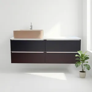 Tocador de roble oscuro montado en la pared con 4 cajones y tapa de Corian, fregadero de recipiente listo, manijas de acero inoxidable cepillado Made in Italy - Product Image 1