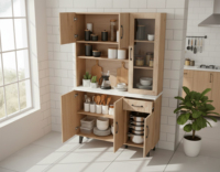 Meuble de cuisine moderne Essence Lucy 120 avec plateau en panneau de particules, tiroir de bar à café, finition chêne noble blanc mélaminé et stratifié PU