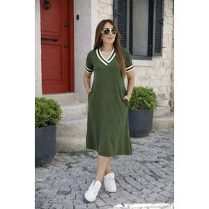Women's Short Sleeve V-Neck and Ribbed Collar Midi Length <b>Viscose</b> <b>Dress</b>, 32841 - Khaki - Product Image 1