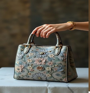 Soft blue <b>satchel</b> with delicate 3D floral appliqués. Romantic and feminine style. Available at wholesale prices. - Product Image 1